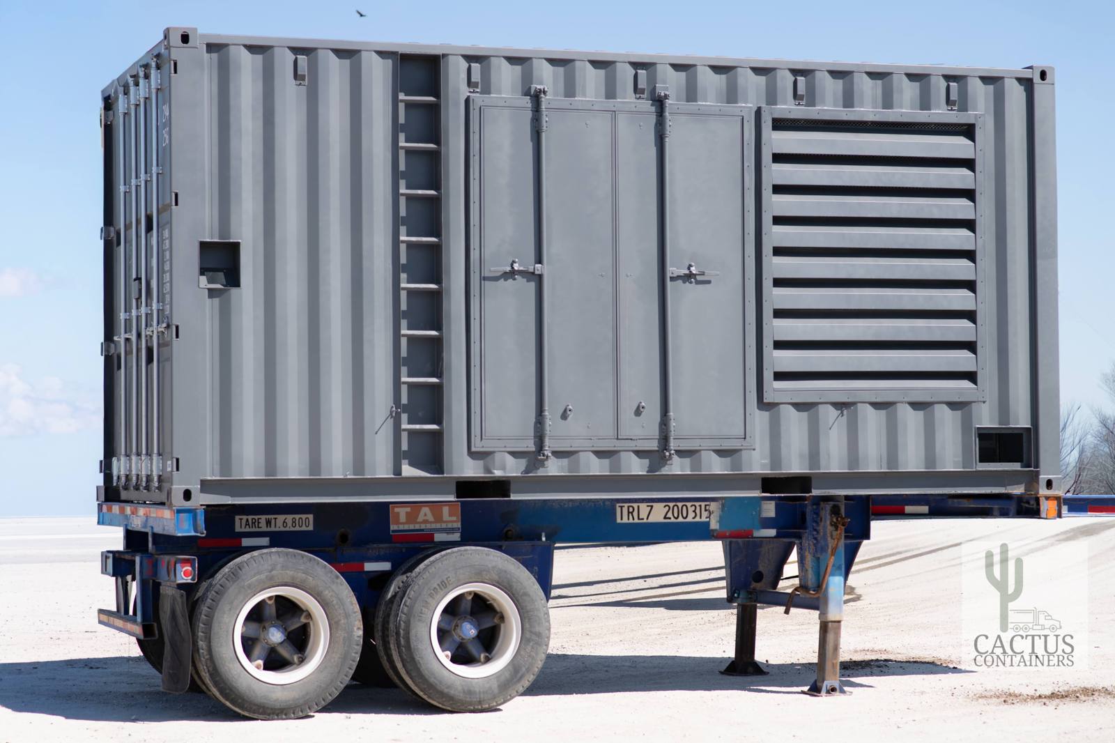A Cactus Containers generator enclosure, fabricated from a shipping container with louvred ventilation and lockable service doors, on a trailer